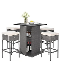 Gymax 5PCS Wicker Bar Table Set Hidden Storage Shelves Bar Table Stools Patio