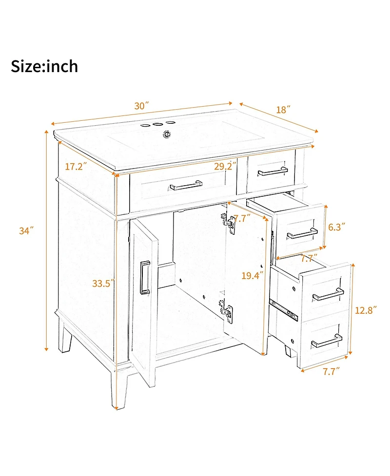 30 Inch Bathroom Vanity with Ceramic Sink Modern Storage Cabinet Soft Close Doors Deep and Standard Drawers Stylish for Small Bathrooms