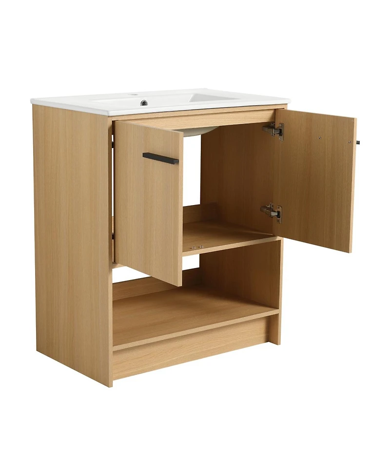 Sillysis Freestanding Bathroom Vanity with Ceramic Sink, Open Storage Shelf, 2 Soft Closing Doors