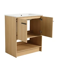 Sillysis Freestanding Bathroom Vanity with Ceramic Sink, Open Storage Shelf, 2 Soft Closing Doors