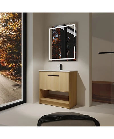 Sillysis Freestanding Bathroom Vanity with Ceramic Sink, Open Storage Shelf, 2 Soft Closing Doors, American Modern Design