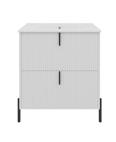 Busdays 30 Inch Bathroom Vanity with Ceramic Sink Full Extension Drawers Soft Close Undermount Slides Fluted Design Freestanding Storage Cabinet