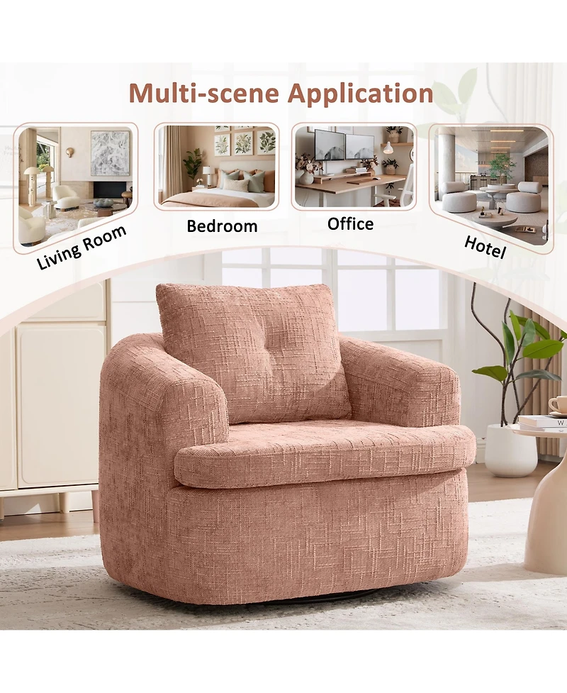 Rainsken 360degree(s) Swivel Barrel Accent Chair, Chenille Fabric Sofa Chair with Dual-Layer Cushion, 36.6" Round Swivel Chair for Living Room