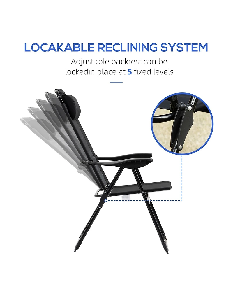 Outsunny Set of 2 Folding Patio Chairs, Camping Chairs with Adjustable Sling Back, Removable Headrest, Armrest for Garden, Backyard, Lawn, Black