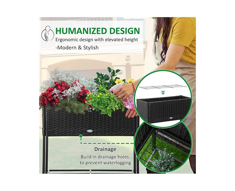 Pe Rattan Outdoor Raised Flower Garden Planter Bed w/ Shelf