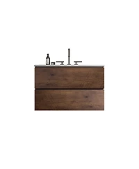 Busdays 30 Inch Wall Mount Walnut Bathroom Vanity with Ceramic Sink 3 Faucet Holes Large Floating Storage One Piece Basin Pre Assembled