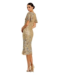 Mac Duggal Women's Flutter Sleeve Floral Embellished Sequin Midi Dress