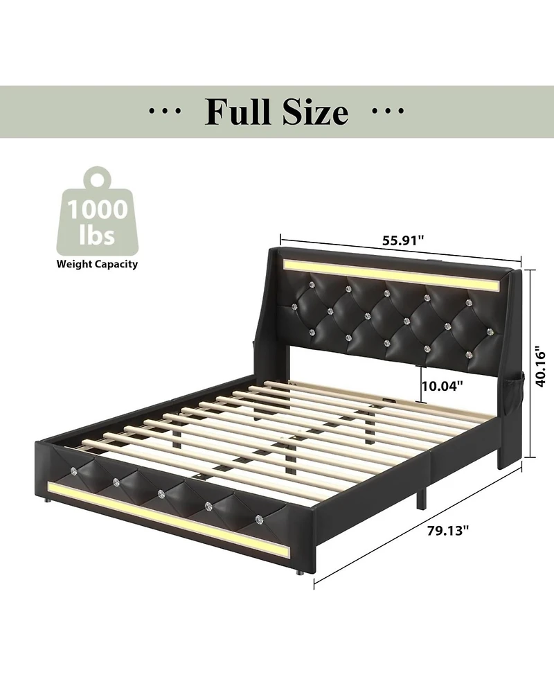 Rainsken Upholstered Full Size Platform Bed Frame, with Led Light and Charging Station, Noise Free, Wingback Design, No Box Spring Needed