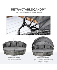 Outsunny 4pc Rattan Patio Furniture Set, Round Convertible Daybed or Sunbed, Adjustable Sun Canopy, Sectional Outdoor Sofa, 2 Chairs, Extending Tea Ta