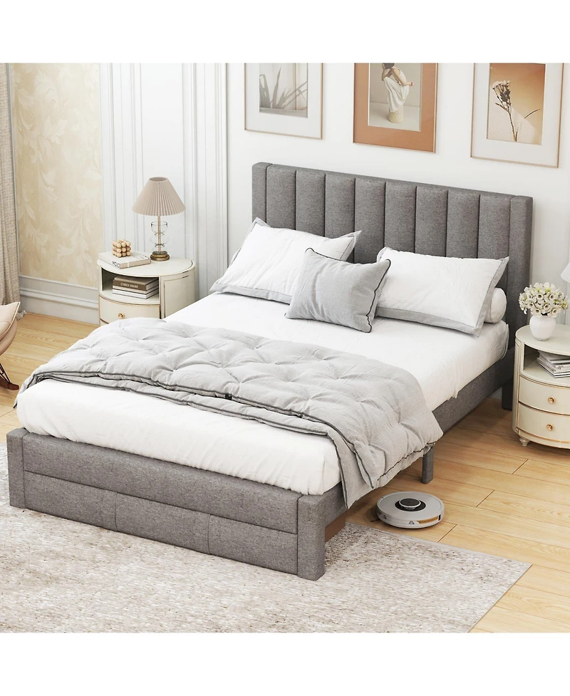 Slickblue Upholstered Bed Frame with Storage Drawer and Vertical Channel Tufted Headboard