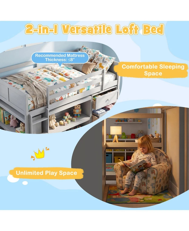 Slickblue Loft Bed for Kids with Led Lighting and Spacious Under Area Study or Play