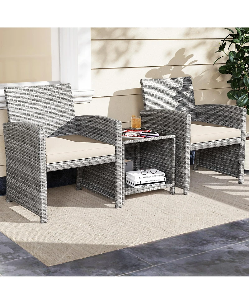 Sugift 3-Piece Patio Furniture Set with Tempered Glass Coffee Table and Soft Seat Cushions