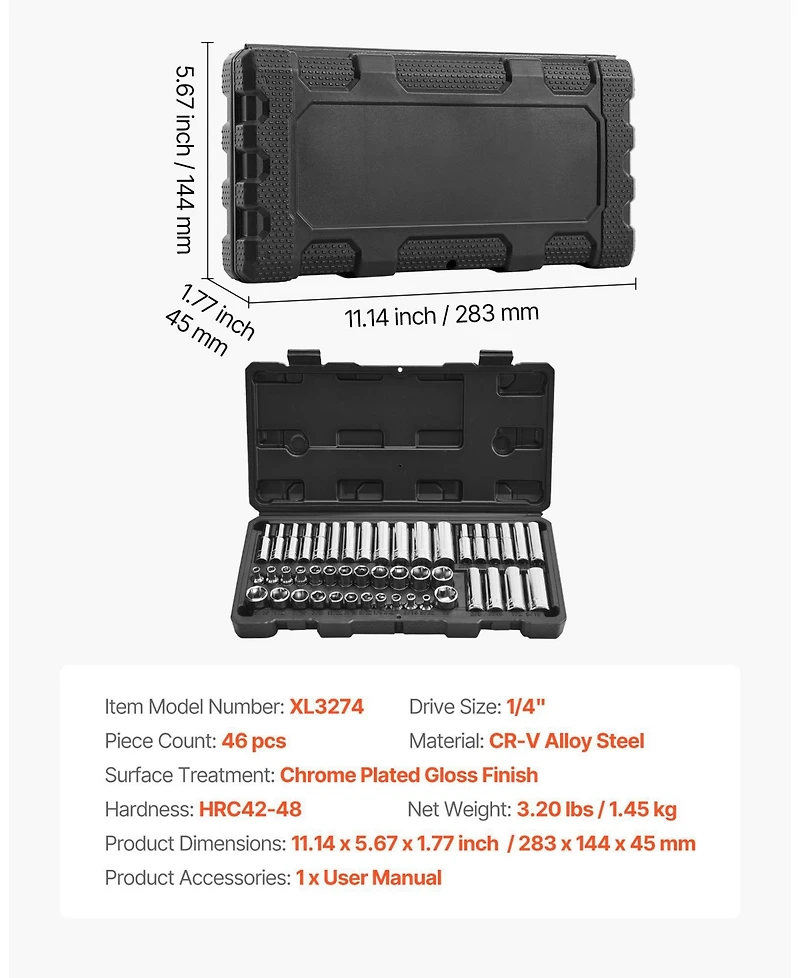 Mecale 46-Piece Drive Socket Set, Sae & Metric, Deep & Standard, Chrome-Plated Cr-v Alloy Steel, Storage Case