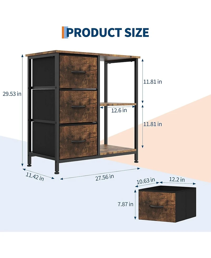 gaomon 3-Drawer Filing Cabinet with Open Shelves and Rolling Printer Rack, Iron Pipe and Mdf Construction, Fabric Horizontal File Cabinet