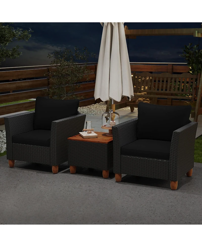 3PCS Outdoor Patio Rattan Furniture Set Wooden Table Cushioned Sofa
