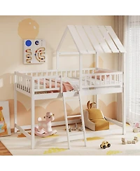 Slickblue House Style Twin Over Bunk Bed with Roof, Guardrails for Kids and Teens Room