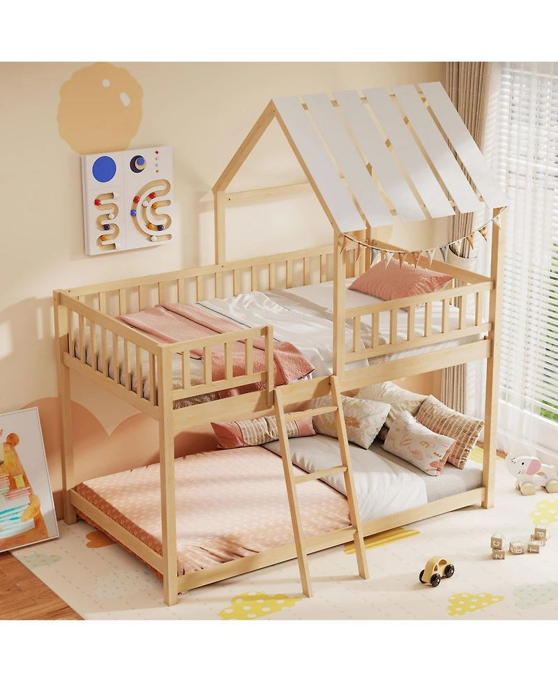 Slickblue House Style Twin Over Bunk Bed with Roof, Guardrails for Kids and Teens Room