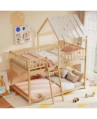 Slickblue House Style Twin Over Bunk Bed with Roof, Guardrails for Kids and Teens Room