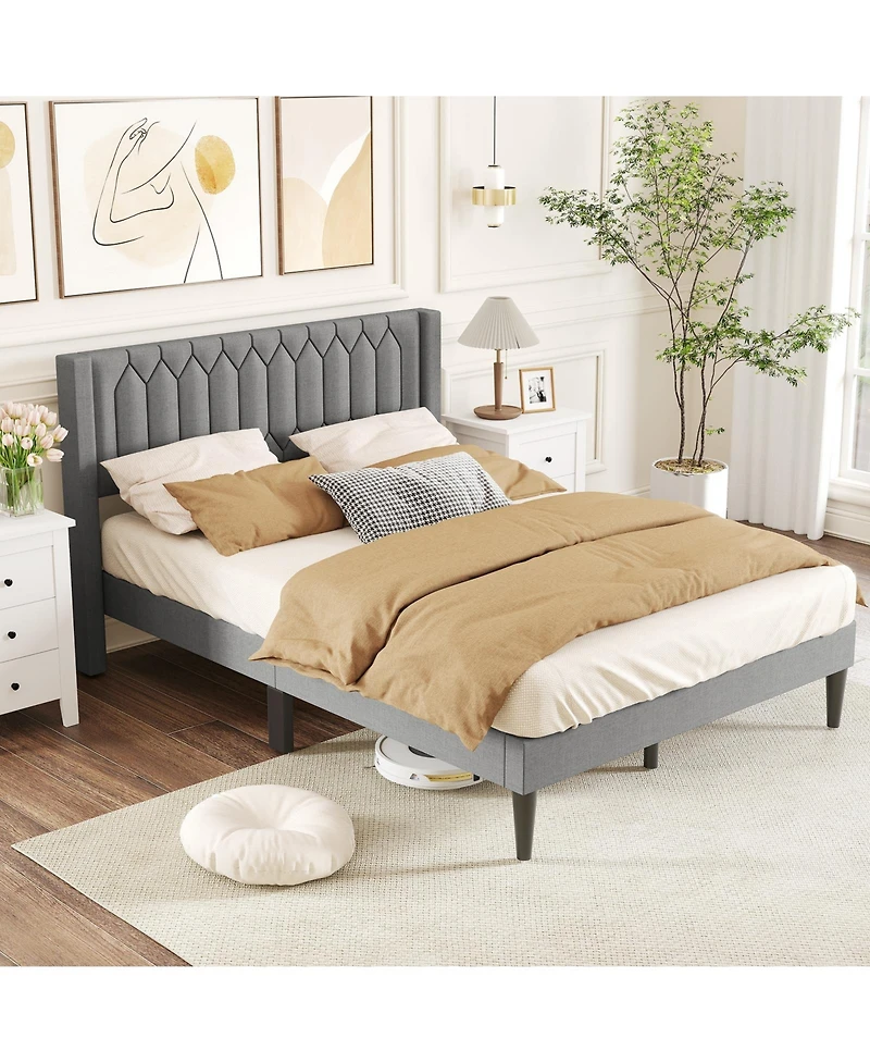 Slickblue Modern Upholstered Bed Frame with Wingback Headboard and Wooden Slats Support System