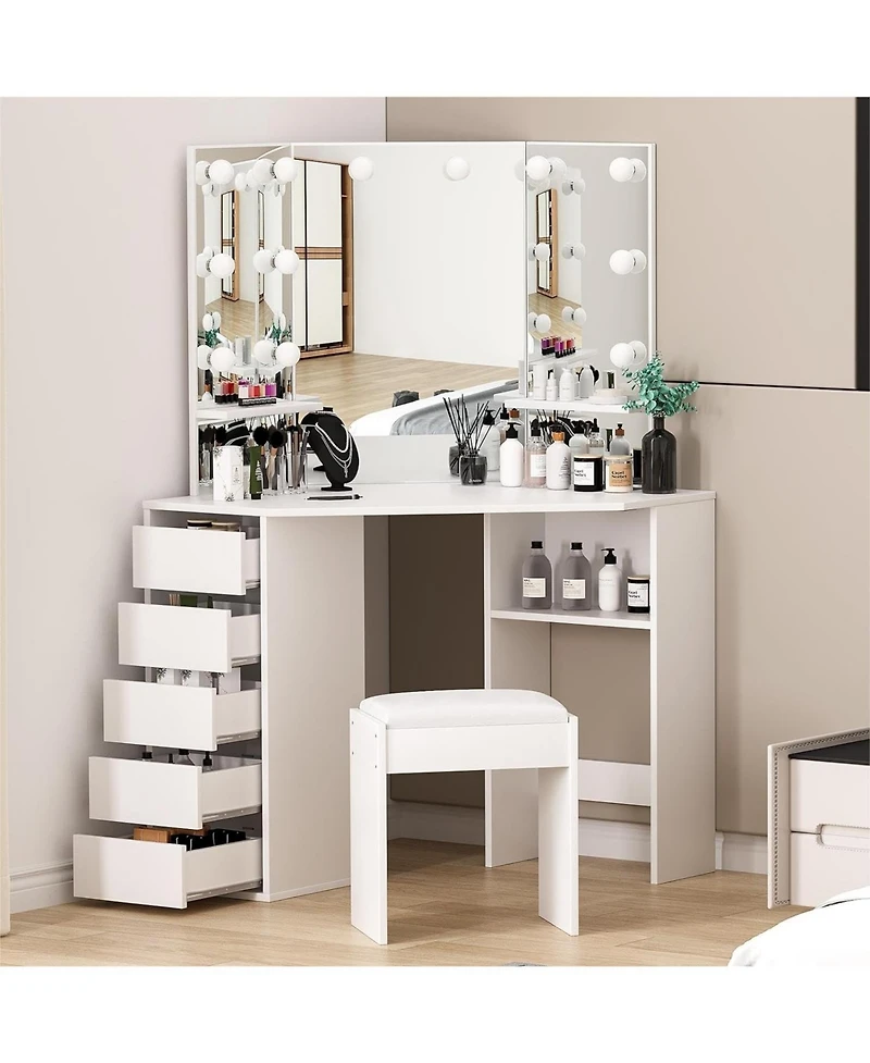 Homfan Corner Makeup Vanity Desk with Mirror and Lights, Charging Station, 5 Drawers, 2 Shelves, Adjustable Brightness, Space Saving, 3 Mirrors