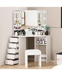 Homfan Corner Makeup Vanity Desk with Mirror and Lights, Charging Station, 5 Drawers, 2 Shelves, Adjustable Brightness, Space Saving, 3 Mirrors