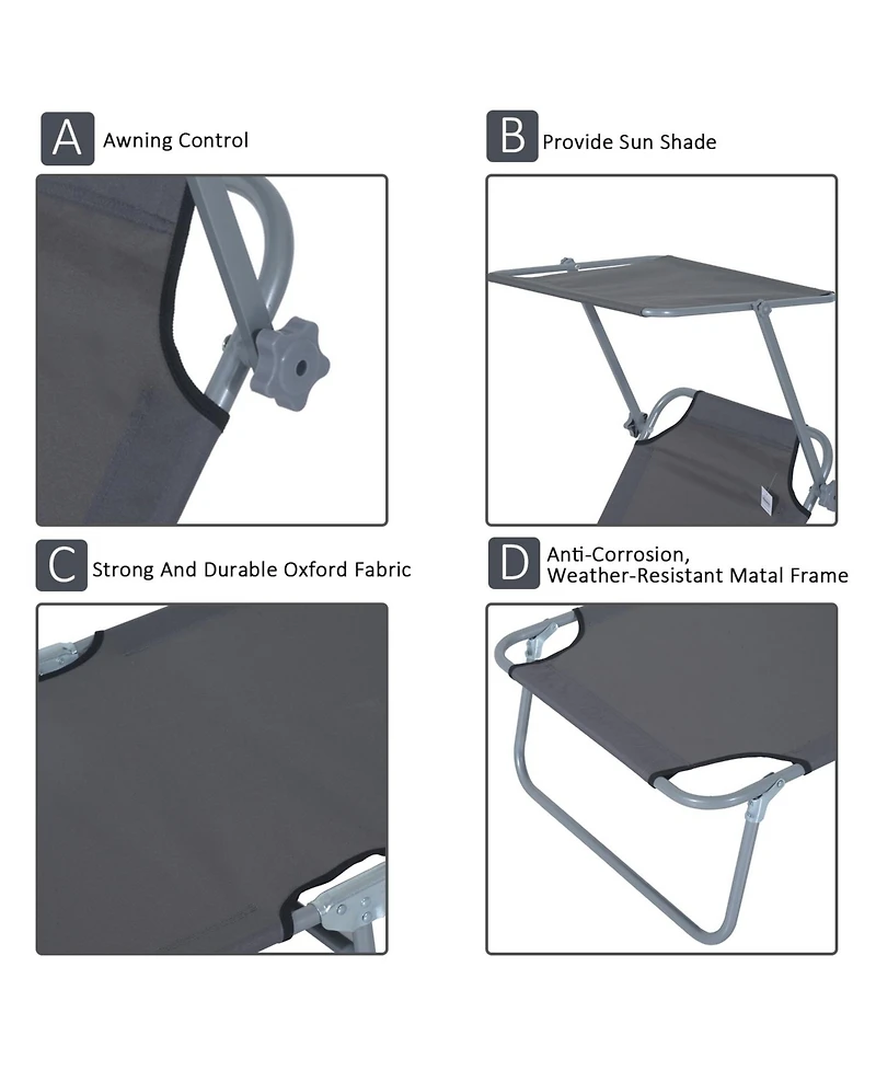 ECHTPeak Outdoor Lounge Chair, with Sun Shade and Headrest, Adjustable Folding Chaise Lounge, Holds 300 lb, for Beach, Camping, Hiking, Backyard