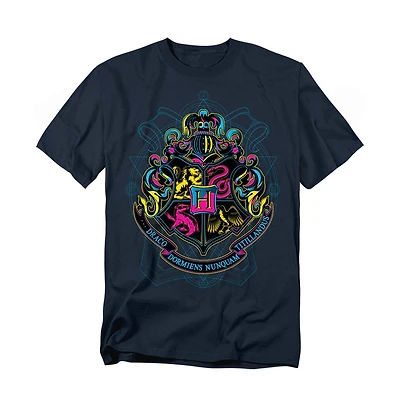 Harry Potter Men's Neon Hogwarts Shield With Motto T Shirt