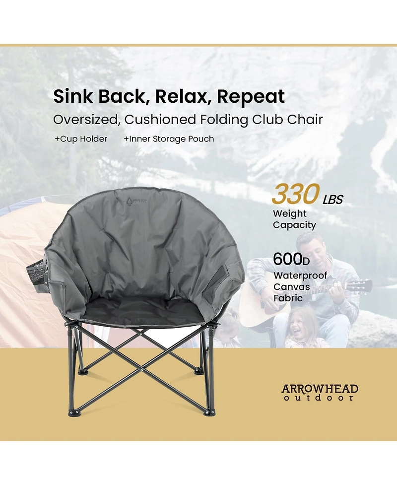 Arrowhead Outdoor 2-Pack Oversized Heavy-Duty Club Folding Padded Moon Camping Chair with Cup Holder and Carrying Bag, Supports 330 lbs
