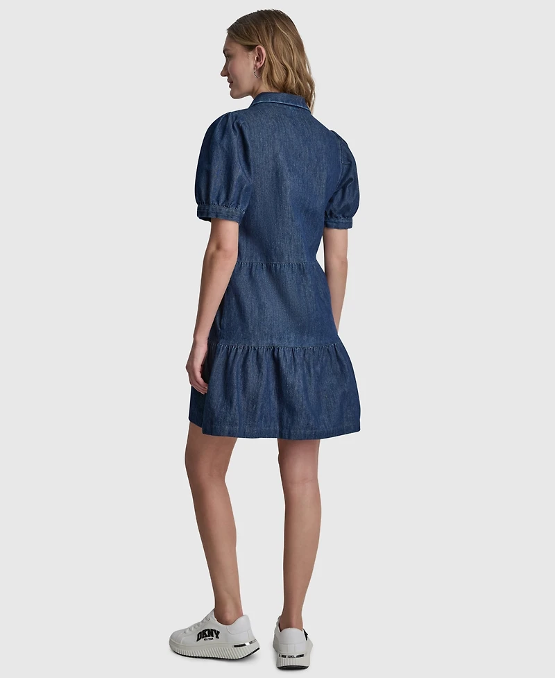 Dkny Jeans Women's Tiered Puff-Sleeve Collared Denim Cotton Mini Shirt Dress
