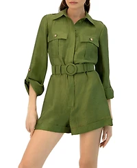 Ivonne Women's Belted Linen Romper with Cargo Patch Pockets