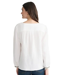 Jones New York Petite V-Neck Embroidered Placket Popover Top