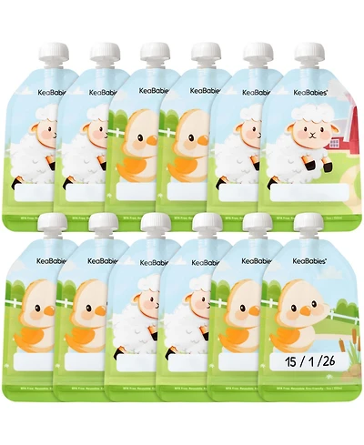 KeaBabies 12-Pack Prep Baby Food Pouch Reusable for Apple Sauce, Breastmilk, 5oz Puree Pouches Toddlers, Kids, First