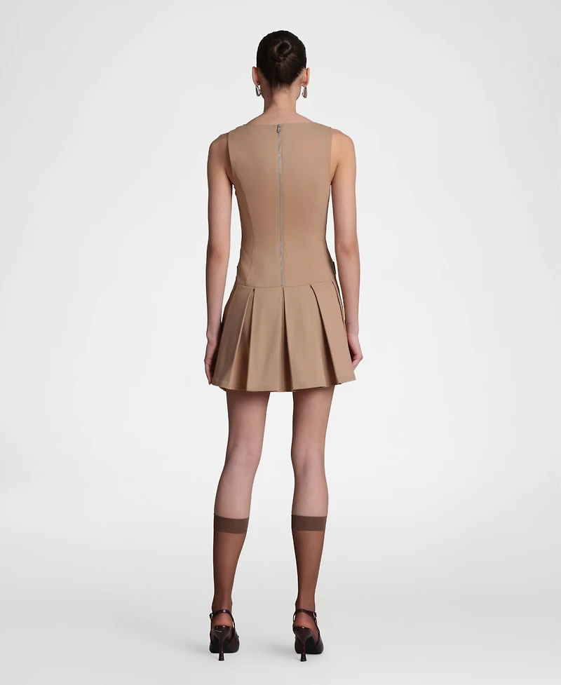 Avec Les Filles Women's Sretch Cotton Boat Neck Pleated Mini Dress