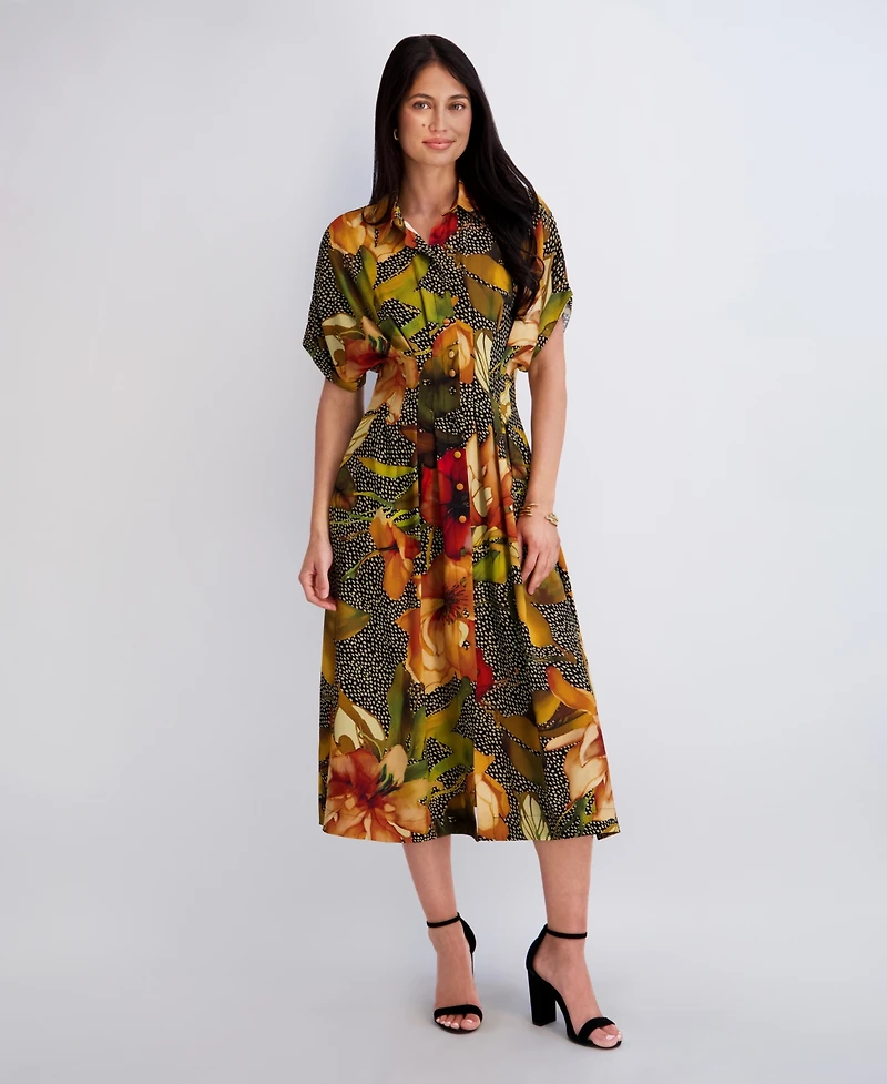 Kensie Women's Button-Front Collared Neck Midi Shirt Dress