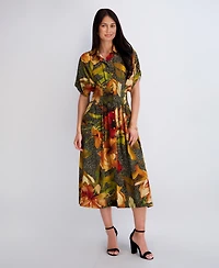 Kensie Women's Button-Front Collared Neck Midi Shirt Dress