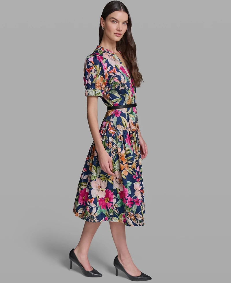Karl Lagerfeld Paris Women's Floral Printed V-Neck Belt Dress