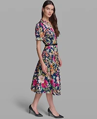 Karl Lagerfeld Paris Women's Floral Printed V-Neck Belt Dress