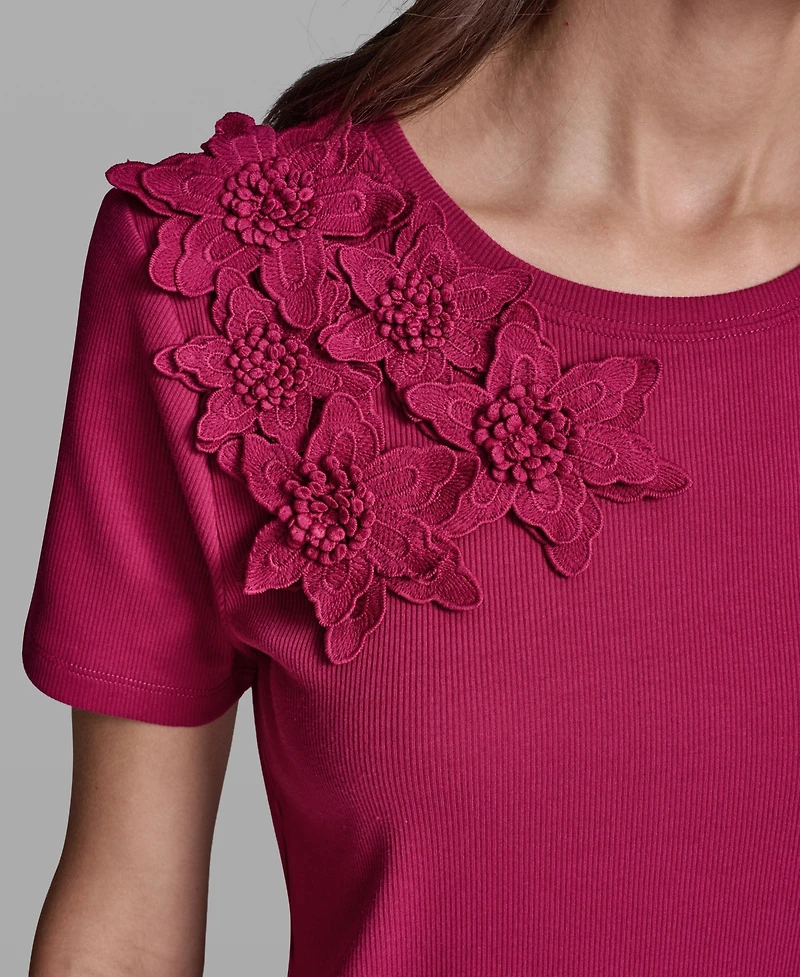 Karl Lagerfeld Paris Women's Floral Applique Short-Sleeve Rib Knit Top