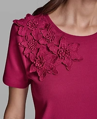 Karl Lagerfeld Paris Women's Floral Applique Short-Sleeve Rib Knit Top