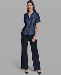 Karl Lagerfeld Paris Women's Short-Sleeve Nailhead Trim Camp Shirt