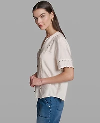 Karl Lagerfeld Paris Women's Short-Sleeve Nailhead Trim Woven Top