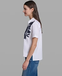 Karl Lagerfeld Paris Women's Poplin Floral Embroidered Collared Top