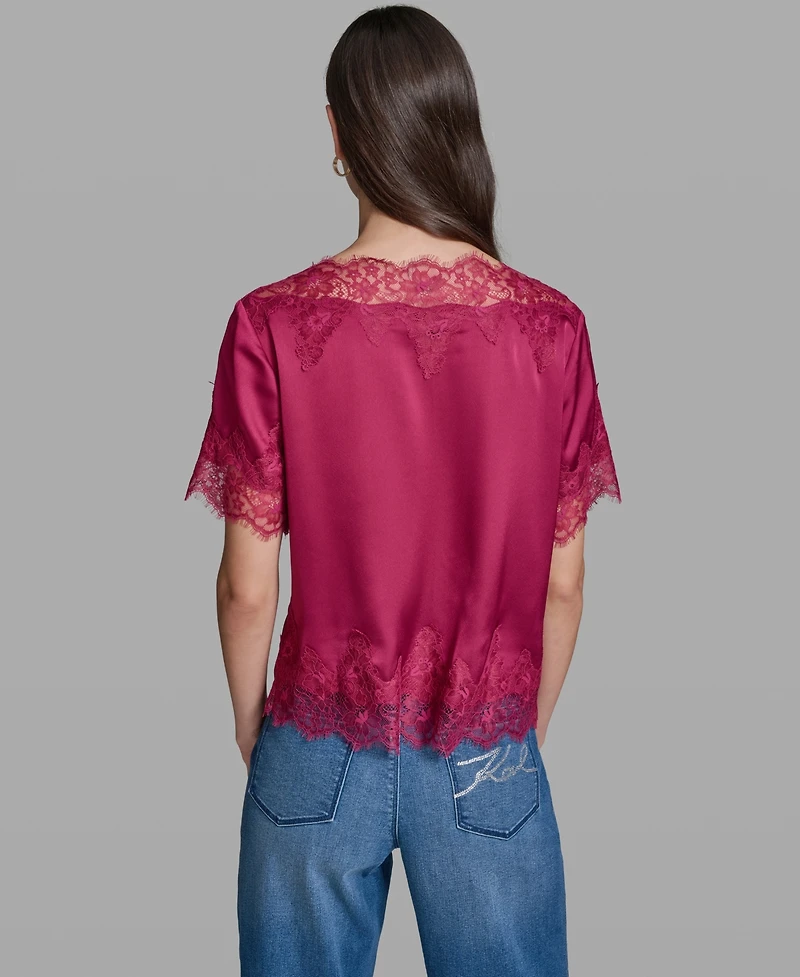 Karl Lagerfeld Paris Women's Short-Sleeve Lace Trim Blouse
