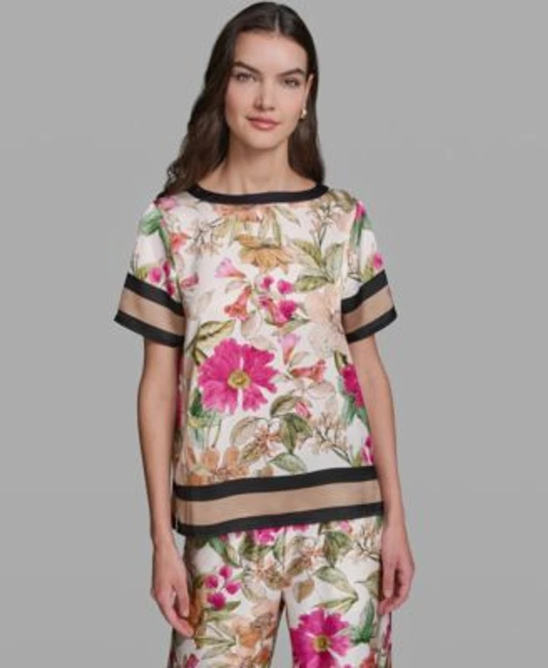 Karl Lagerfeld Paris Womens Short Sleeve Floral Printed Top