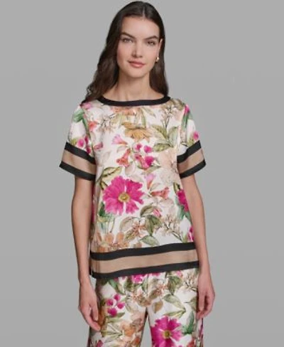 Karl Lagerfeld Paris Womens Short Sleeve Floral Printed Top