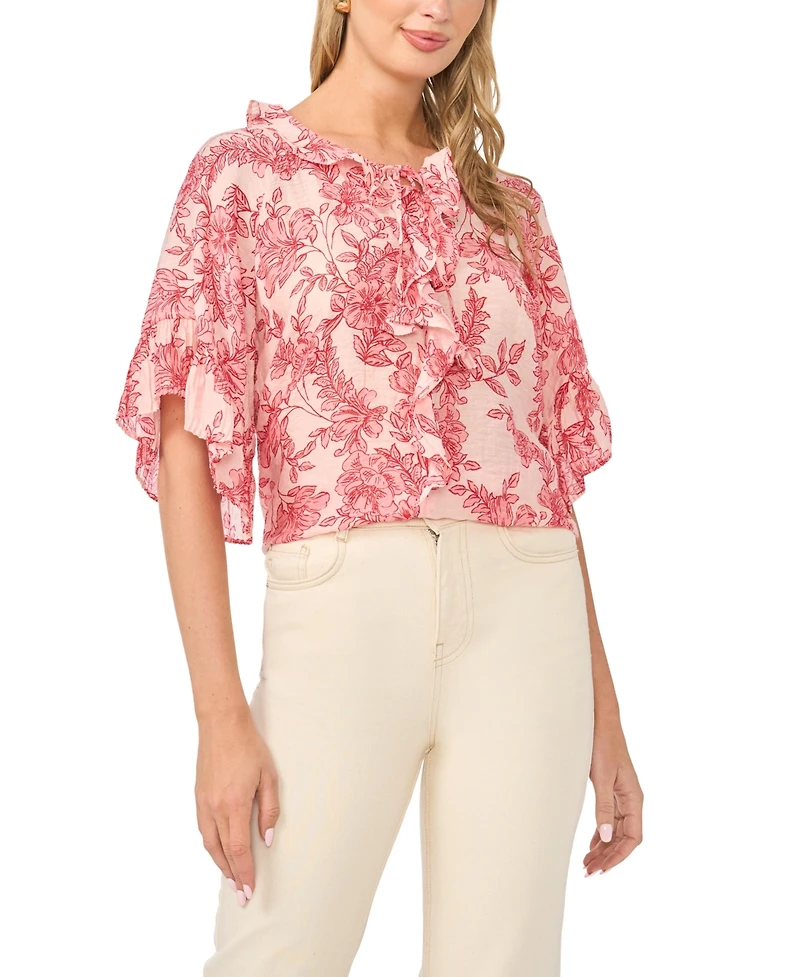 Vince Camuto Women's Printed Crewneck Ruffle Front Top