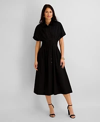 Kensie Women's Button-Front Cinched Waist Cotton Midi Shirt Dress