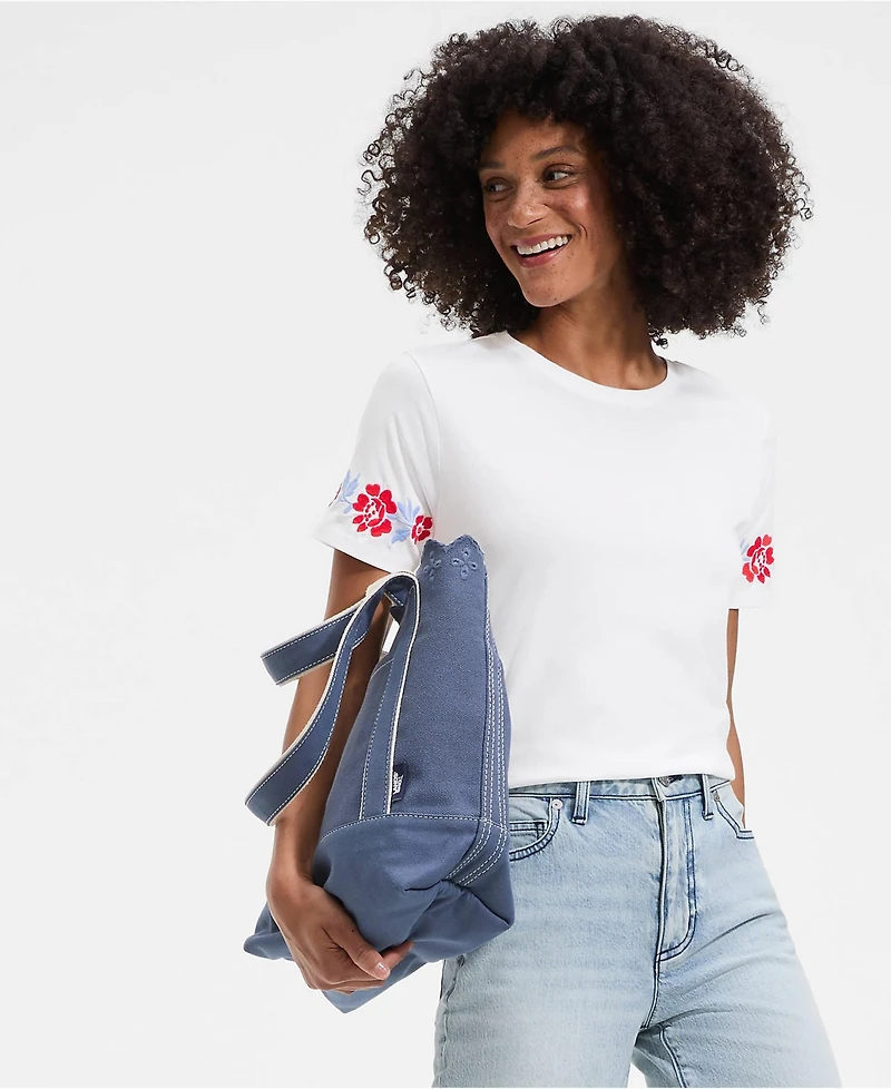 Lands' End Women's Short Sleeve Supima Cotton Embroidered Crew Neck T Shirt