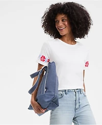 Lands' End Women's Short Sleeve Supima Cotton Embroidered Crew Neck T Shirt