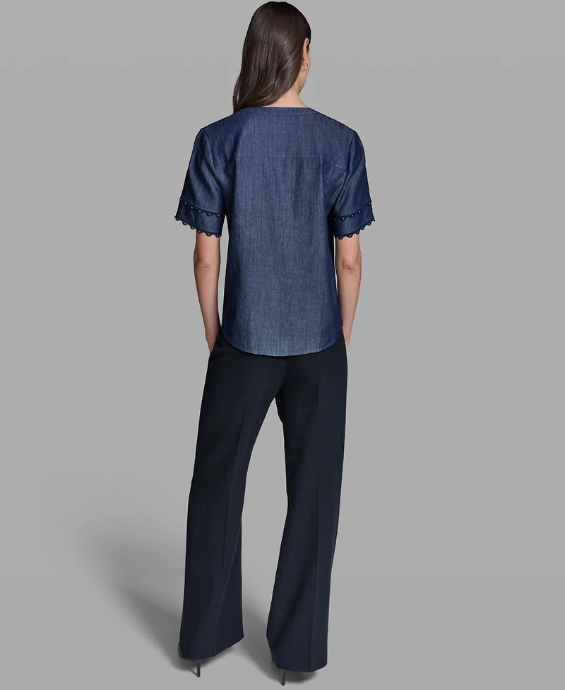 Karl Lagerfeld Paris Women's V-Neck Nailhead Trim Short-Sleeve Blouse